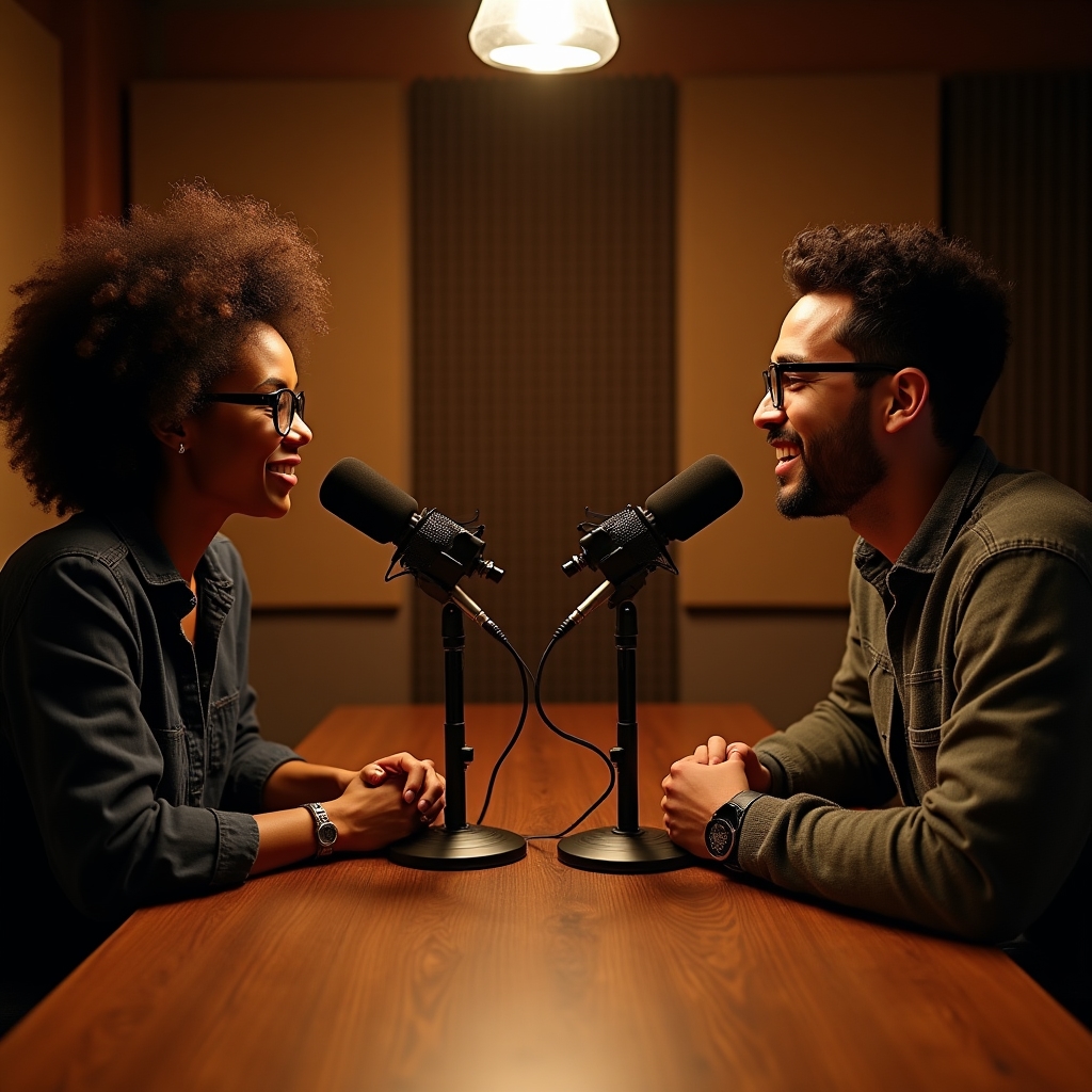Studio de podcast cu microfon și atmosferă profesională
