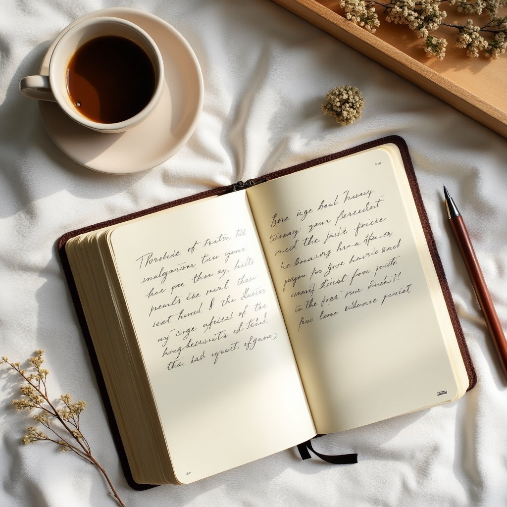 Caiet de notițe deschis lângă o ceașcă de cafea dimineața